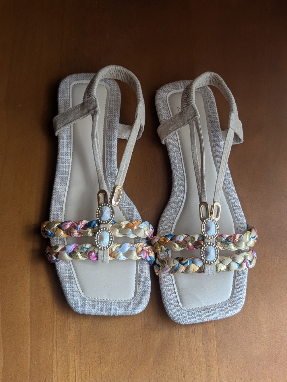 Beige Braided Gemstone T-Strap Women's Sandals